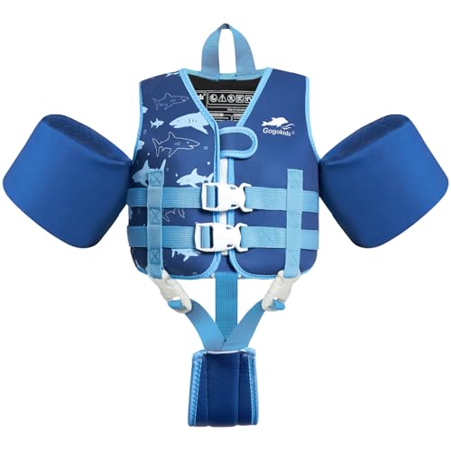 Gogokids Chaleco salvavidas para niños con mangas salvavidas para niños pequeños, estilo chaqueta, flotabilidad, flotabilidad con correas ajustables, chaleco salvavidas para niños y niñas (2-3