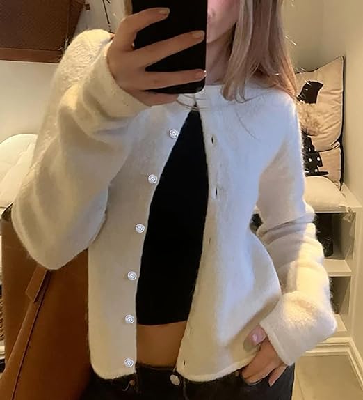 Image of Faretumiya Women Y2k Button Down Crop Sweater Cardigan Long Sleeve Open Front Crewneck Cardigan Cute Knit Pullover Tops
