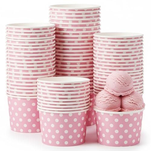 Image of Zopeal 50 Count Pink Polka Dot Ice Cream Cups Disposable Dessert Bowls