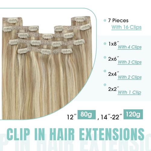 Image of YoungSee Blonde Clip in Hair Extensions Honey Blonde Highlights Human Hair Clip in Extensions Strawberry Blond Clips in Human Hair Extensions for Woman 12inch 85g