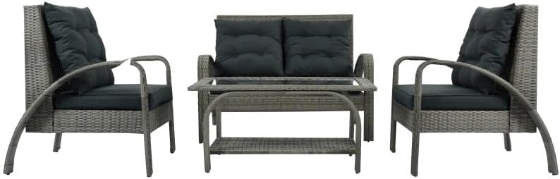 Outdoor Furniture Set, Outdoor Furniture,Patio Conversation Sets, 4 PCS Outdoor Patio Furniture Rattan Sofa Set, All-Weather PE Wicker Conversation Set with Tempered Glass Table and Cushion Gray