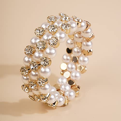 Yertter Dainty Wedding Bridals Stretch Pearl Crystal Rhinestone Bangle Bracelet Cuff Multi Row Layered Pearl Women Wrap Bracelet Hand Jewelry For Women Girls Gift (Wrap-3 Row Gold) #TOP4