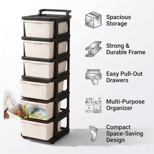 Image of Heavy Duty Plastic Storage Drawer with Wheels | Modular Cabinet for Bedroom, Office, Home or Classroom| Chest of Drawers Organiser for Cosmetics, Kitchen items, Toys (White & black, 6)