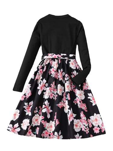 MakeMeChic Girl's Floral Print Long Sleeve Flared Midi Dress Crew Neck Belted Dresses2