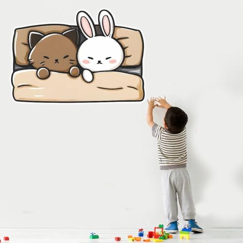 Image of Cute Sleeping Cat & Bunny Wall Sticker | Self Adhesive Cartoon Animal PVC Wall Decal for Ki-ds Room, Nursery, Bedroom & Playroom Decor