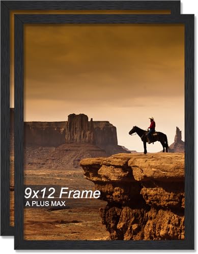 A PLUS MAX 9x12 Picture Frame Set of 2, Black Engineered Wood Frame for 9 x 12 Inch Picture Poster Photo, Light Weight 9 by 12 Frame with Wood-grain for Wall - 2 Pack/Black/9