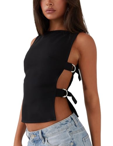 Women Y2k Tank Top Sexy Sleeveless Side Buckle Slim Fit Vest Aesthetic Tops Summer Trendy Going Out Tops Streetwear