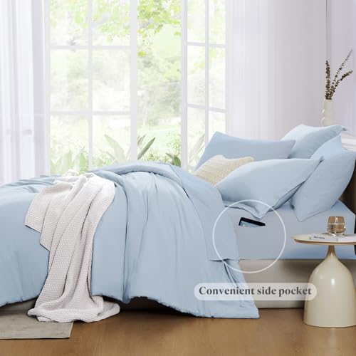 Image of Queen Comforter Set-7 Pieces Soft Prewashed Bed in a Bag Queen Bedding Sets | All Season Comforter with Sheets, Pillow Shams & Pillowcases,Ice Blue