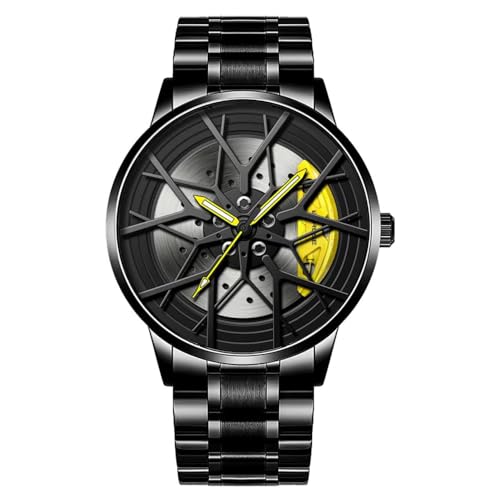 MIDYUID Reloj de hombre con freno de coche, discos de diseño, ruedas para coche, llantas impermeables de acero 3D Fashion Sport reloj de pulsera, amarillo, Pulser