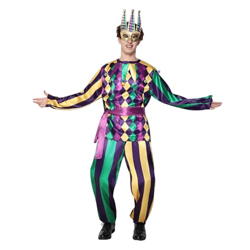 EraSpooky Mens Mardi Gras Jester Costume Deluxe Adult Carnival Parade Outfits Multicoloured