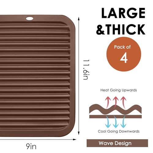 Image of 4 Pack Silicone Trivets for Hot Dishes Large 446F Heat Resistant Pot Holder Hot Pads for Kitchen 9'' x 12' Brown Silicone Trivet Mat for Hot Pots and Pans, Jar Opener, Drying Mat