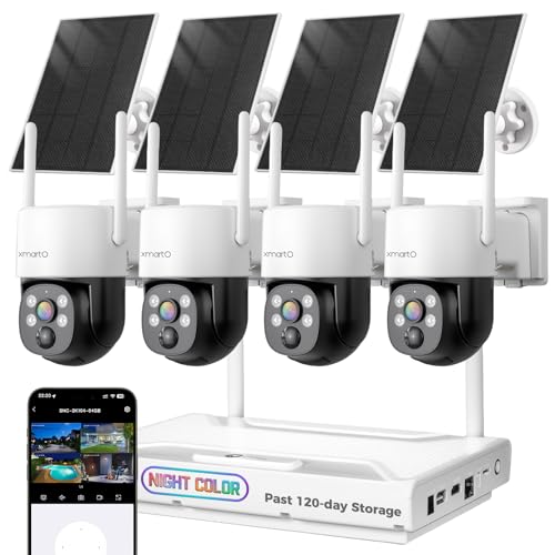 XMARTO - Sistema de cámara de seguridad solar inalámbrica 2K HD con visión nocturna a color Starlight, control PTZ, WiFi de largo alcance, fácil visión móvil, vista HDMI en monitor, 0 tarifa mensual
