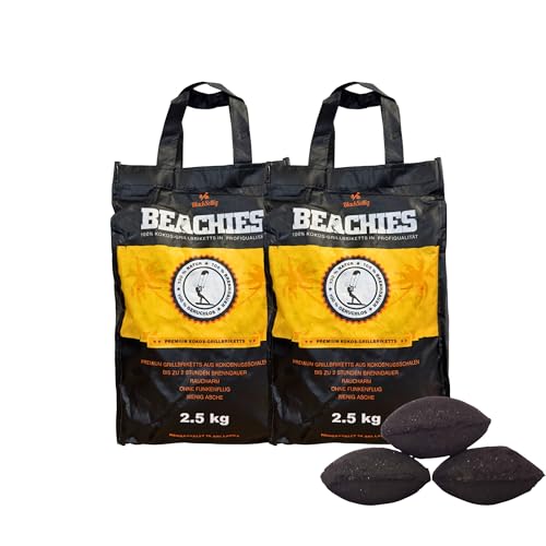 BlackSellig Beachies 5 kg (2 x 2,5 kg) Kokos Grill Briketts – 100 % Kokosnussschalen – wenig Rauch, heiß & schnell – für Kurze Grillsessions | Mobil & praktisch