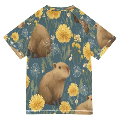Boys Short Sleeve T-Shirts Floral Capybara Animal Rashguard Kids Swim Shirts Sun UPF 50+2