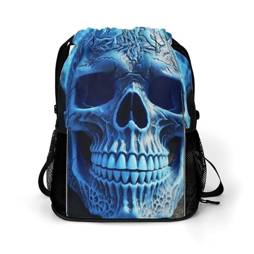 Mochila de calavera azul con cordón que separa calzado sucio y ropa