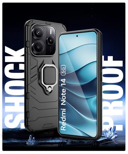 Image of WOW IMAGINE Shock Proof Back Case Mobile Cover for Redmi Note 14 SE 5G | Redmi Note 14 5G | Back Cover Case (Tough Armor | Hybrid PC + TPU | Ring Holder & in-Built Kickstand | Black)