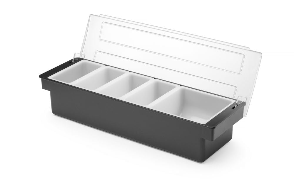 HENDI Portacondimentos de Bar, Bandeja de Guarniciones para Cócteles BarUp, Caja Organizadora con Tapa Transparente, 5 Contenedores de Polipropileno, 480x150x(H) 100mm, HIPS, Negro