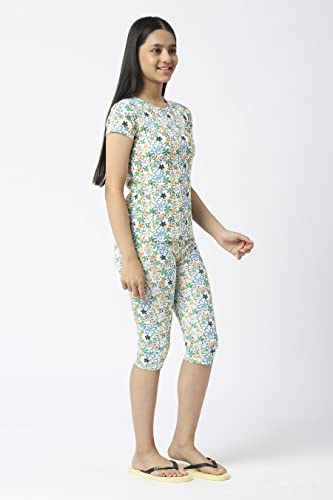 Image of SINI MINI Round Neck with Half Sleeve Top & Capri Beige Girls Casual Pack of 1 Night Suit Set