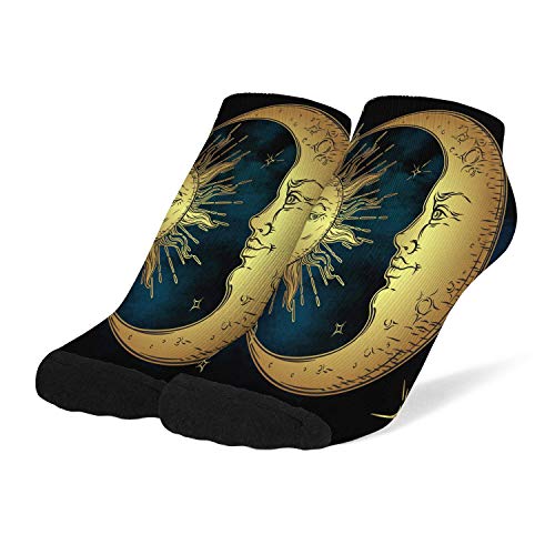 Women Girls Cute Ankle Fit No Show Low Cut Socks Golden Sun Moon Stars Flat Boat Line Colorful Novelty Comfy Casual Athletic Short Socks Gift
