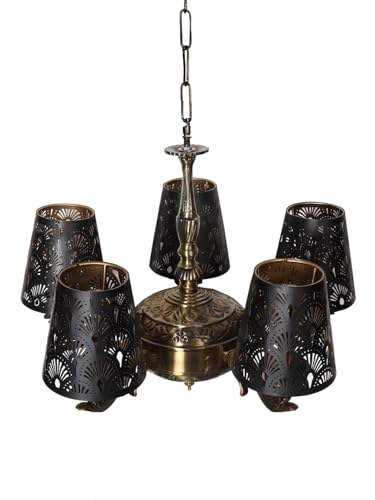Image of Devansh 05 Lights Metal Etched Shade with Antique Golden Chandelier -Z