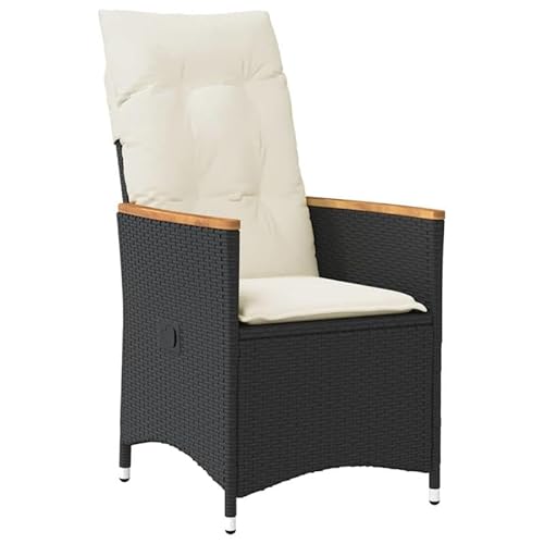 Eleganz Poltrona da giardino regolabile con cuscino, colore nero, rattan sintetico, acciaio verniciato a polvere e legno di acacia massiccio, comoda poltrona lounge per giardino, terrazza o balcone