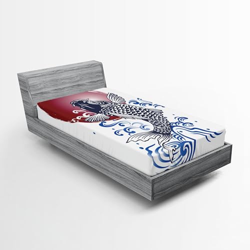 Ambesonne Japanese 2 Pack Fitted Sheet, Carp on Flag, Bed Cover All-Round Elastic Deep Pockets 2 Pieces, Package Contains 2 Twin Size Fitted Sheets, White