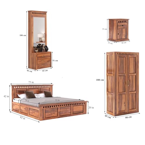 Image of SONA ART & CRAFTS Kuber Solid Sheesham Wood Bedroom Set | King Size Bed Without Storage, Wardrobe, Dressing Table & Two Bedside Tables - Natural Finish (Assembly Included)