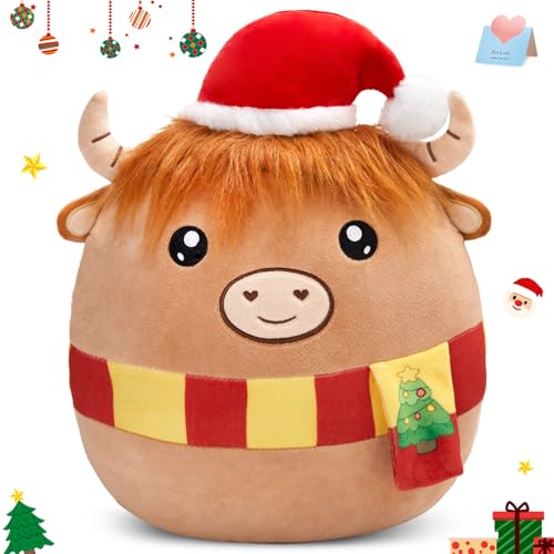 WEWILL-12-Christmas-Highland-Cow-Soft-Plush-Pillow-Xmas-Highland-Cow-Stuffed-Animal-Gifts-for-Toddler-Kids-Boys-Girils WEWILL 12 Christmas Highland Cow Soft Plush Pillow Xmas Highland Cow Stuffed Animal Gifts for Toddler Kids Boys Girils