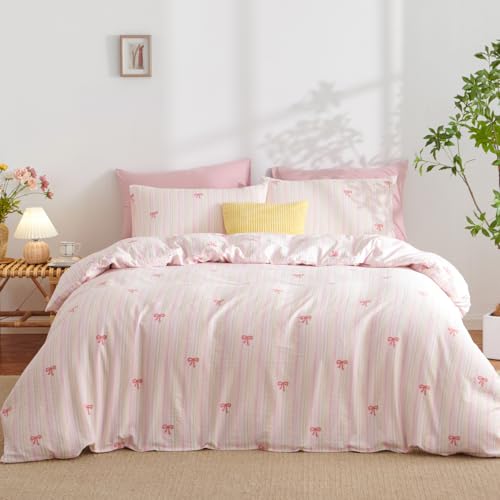 Jolusere Kids Girls Pink Duvet Cover Queen, 3 Piece Rainbow Striped Bedding Set, Cute Princess Bow &...