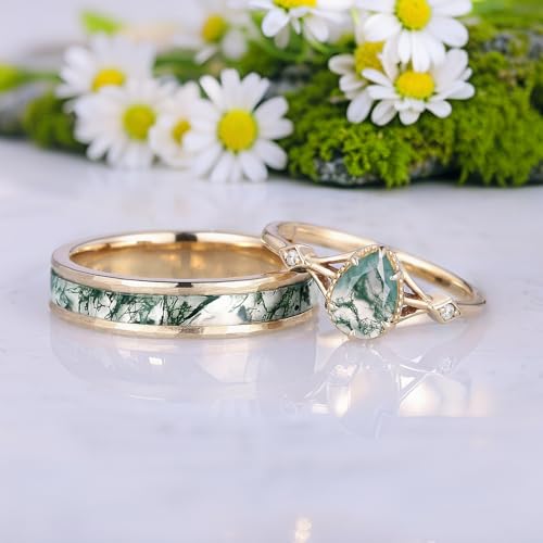 SISGEM Natural Moss Agate Promise Rings for Couples, 925 Sterling Silver/10K 14K 18K Solid Gold Moss Agate Wedding Rings for Him And Her, Vintage Leaf Matching Couple Rings Anniversary Jewelry Gift3