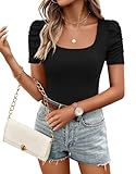 Top12 Best Lightweight Summer Tops with Sleeves for Women over 50: 8 ZESICA Women's Square Neck Puff Sleeve Tops 2026 Summer Ribbed Fitted Casual Work Business Basic T Shirts,Black,Medium
