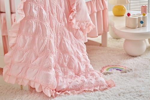 Image of Ruffled Crib Bedding Set Baby Boho Quilted Comforter with Fitted Sheet and Bed Skirt - Cute Soft Breathable Seersucker Ruffled Shabby Chic Bedding Soft Blanket Design - Light Pink