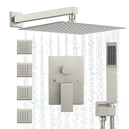 Image of JetsBath Rain Shower System with 12-Inch Ceiling Shower Head & 4 Body Jets, Overhead Full Body Shower System with Handheld Sprayer Jets Rain Shower Set (Brushed Nickel)