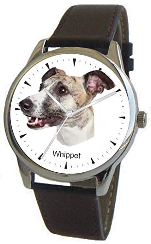 Whippet Dog Breed is The Headshot Image On The Polished Chrome Watch with Leather Strap and Donation to ASPCA, �N����, �N�H�[�c���[�u�����g�B