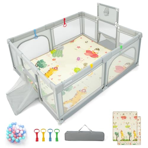 INFANS Baby Playpen, 74” x 62” Extra Large Baby Play Yard with Crawling Mat, 50 Ocean Balls, 4 Pill Up Rings, Basketball Hoop and 2 Football Gates, Activity Center for Toddlers (Light Gray)
