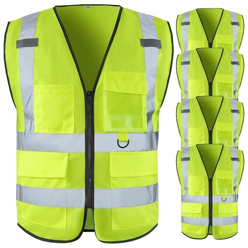 High Visibility Safety Vest for Men ，Class 2 Hi Vis Vest with Pockets, Reflective Vest for Construction Work, Volunteer, Cycling, Yellow XL 5 Pack