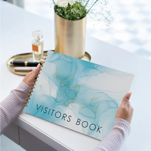 Image of Visitor Book - 8 x 12 Inches | Blue Ink Pattern Wire Bound Guest Register for Hotels, Offices, Exhibitions & Business Use | Medium Size Visitor Log Book for Reception & Front Desk
