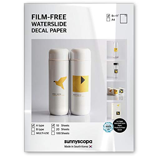 Sunnyscopa Film-Free Decal Paper for LASER printer - TYPE A, US LETTER SIZE 8.5"X11", 10 SHEETS, GLUE W2 - self-weeding dishwasher-safe waterslide transfer paper for personalized custom DIY