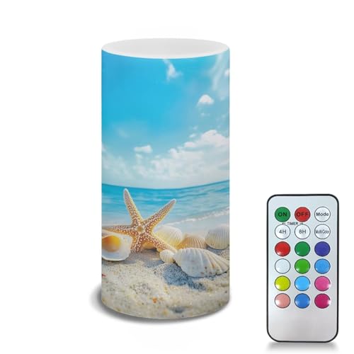 Image of Poceacles Beach Starfish Seashell Blue Sky LED Flameless Candles Battery Operated Candles with Remote Control Timer Flickering Wick Pillar Candles for Coastal Home Bathroom Outdoor Decor