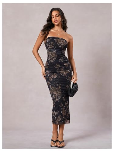 Image of Milumia Women's 2026 Summer Floral Bodycon Maxi Dress Strapless Tube Top Long Dresses Wedding Guest Party