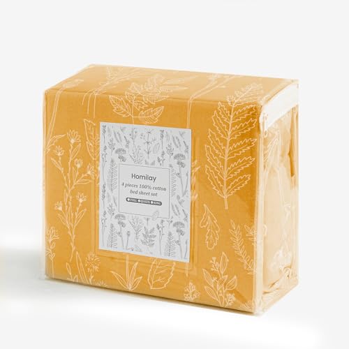 Image of 100% Natural Cotton Percale Sheets Set,Queen Size 4 PC, Breathable&Durable Hotel Quality Bedding, 16 inch Deep Pocket Botanical Floral Bedsheets,Yellow