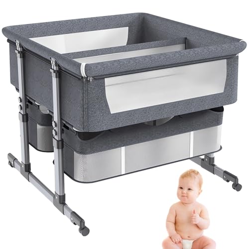 Lettino per Bambini Gemelli, Culla Co-Sleeping con Materasso, Altezza E Inclinazione Regolabili, Culla Portatile con Freni, Culla Gemellare, Disponibile in Due Colori Gris