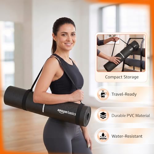 Image of Amazon Basics Yoga Mat with Carry Bag | 6 mm Thick Cushioning | GuideAlign Posture Alignment Markings | Reversible Dual-Texture Non-Slip Surface | Lightweight & Durable | Floor Protection | Ideal for Yoga, Stretching & Fitness | 6 x 2 ft | Black & White