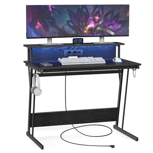 VASAGLE Bureau Gaming avec LED et Multiprise, Table Gamer, Bureau Informatique avec Rehausseur...