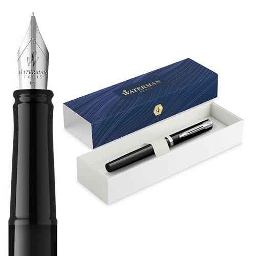 Waterman Impression Stylo plume | Plume moyenne avec recharge d'encre bleue | Laque noire avec garniture plaquée palladium | Boîte cadeau
