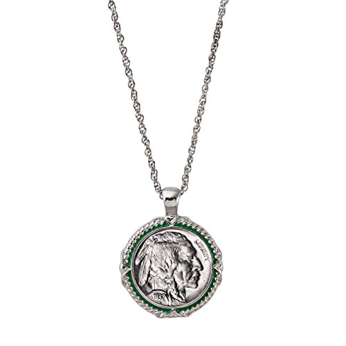 American Coin Treasures Buffalo Nickel Coin Pendant Necklace with Green Enamel | Silvertone 24