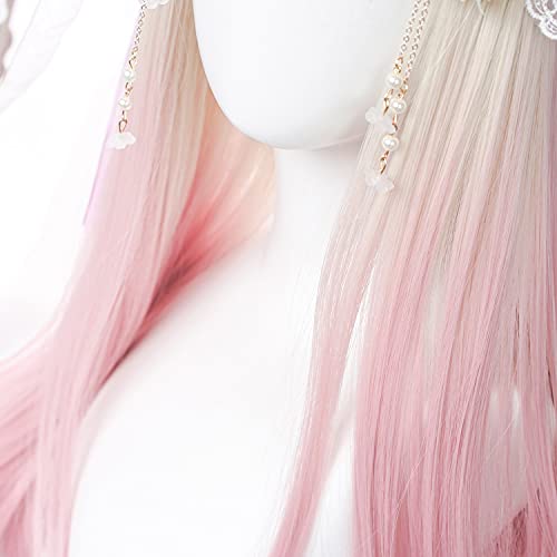 Ombre Pink Wig With Bangs For Kids Women Long Straight Pastel Harajuku Gradient Blonde Hair Girls Kawaii Cute Cosplay Wig For Halloween Party + Cap #TOP4
