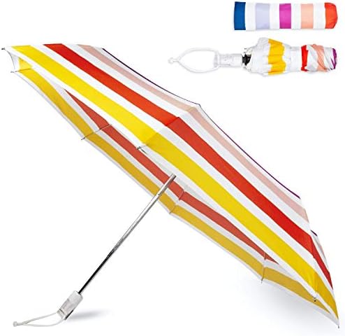 Kate Spade New York Colorful Travel Umbrella, Lightweight Compact Umbrella with Storage Sleeve, Candy Stripe