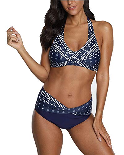 sullcom Womens Two Piece Floral Swimsuits Color Block Halter Bikini Striped Padded Bathing Suits(2133 S)