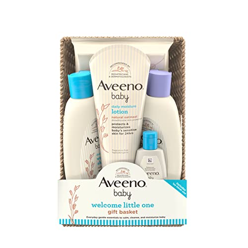 Image of Aveeno Baby Welcome Little One Gift Basket, Baby Skincare Set with Baby Body Wash & Shampoo, Calming Bath Wash, All Over Baby Wipes, & Daily Moisturizing Lotion, 5 Items